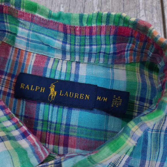 Polo Ralph Lauren Shirt Mens Medium Blue Linen Long Sleeve Button Up Plaid Top - Picture 6 of 7